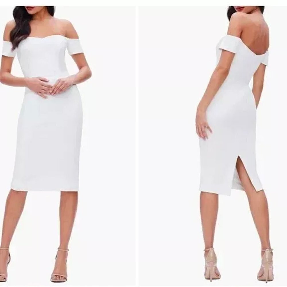 Dress The Population Size XS Solid White Bailey Off the Shoulder Body-Con Sexy
